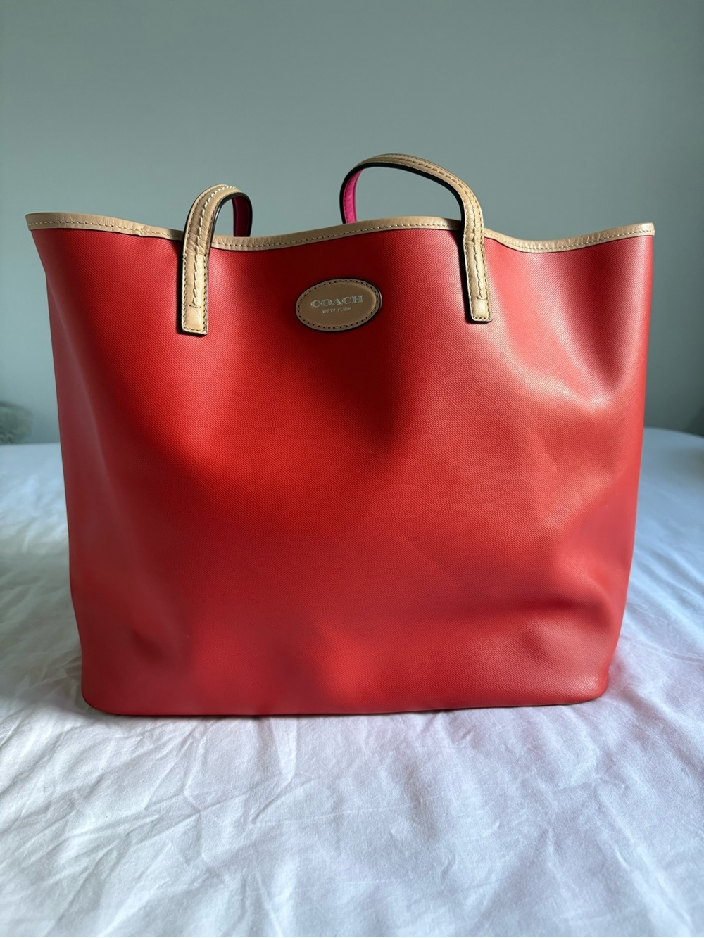 Coach Red Tote with Tan Trim and Handles